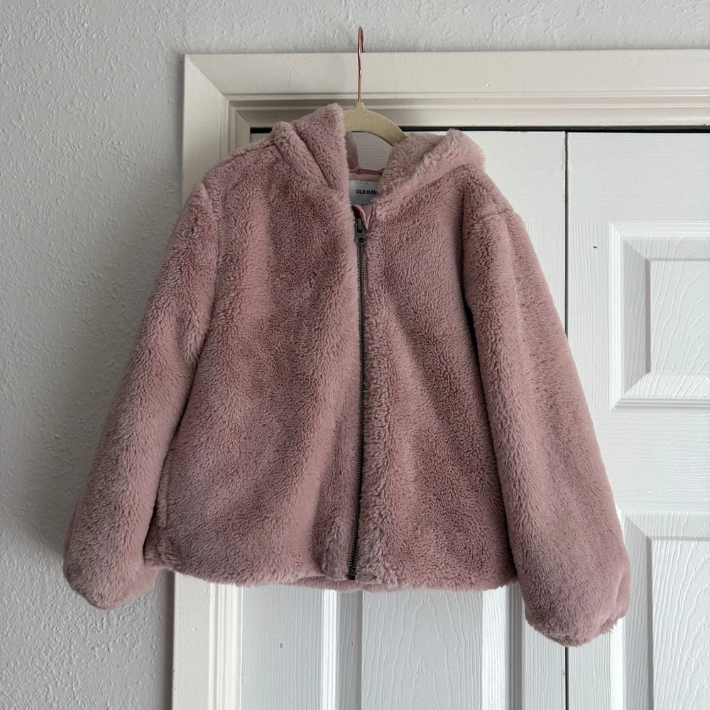 Old Navy Girls' 6-7Y Plush Faux Fur Hooded Jacket - Dusty Rose